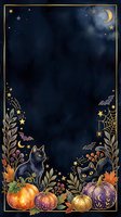 Midnight garden frame with black cats, pumpkins, bats, moon and stars on dark navy background with gold border. Isolated design for invitations, posters, greeting cards.