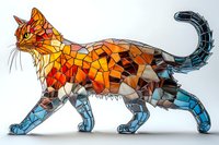 Geometric cat figure in orange and blue gradient colors with polygonal mosaic effect walking on light background, artistic modern style digital artwork.