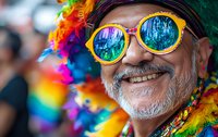 Smiling mature man wearing yellow sunglasses with colorful reflections and rainbow feather boa at pride festival celebration expressing joy and acceptance.
