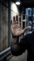 Worker with dirty hands raised in stop gesture in urban alley at night, conveying caution, warning, or refusal in industrial or construction setting.