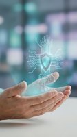 Caucasian male hand holding glowing digital shield with circuit board pattern, representing cybersecurity, data protection, and network security technology for business and IT solutions.