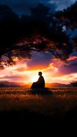 Silhouette of person sitting alone under tree branch during dramatic sunset with vibrant orange sky and mountain landscape, peaceful meditation moment.