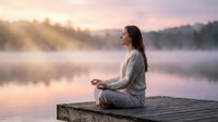Young Asian woman meditating in lotus position on wooden dock at sunrise over calm lake with misty atmosphere for wellness and mindfulness practices.