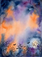 Watercolor Halloween background with spooky silhouettes, bats, haunted houses, cemetery and full moon creating atmospheric orange purple sky for seasonal designs.