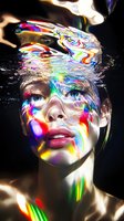 Young woman with fair skin and blue eyes, face and shoulders covered in vibrant rainbow light projections creating abstract patterns of red, yellow, green, and blue hues against dark background for creative and artistic concepts.