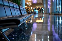 Empty airport terminal waiting area with black leather seats and reflective floor illuminated by colorful ambient lighting, creating modern travel atmosphere.