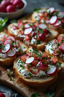 Fresh spring bruschetta with cream cheese, radish slices, cherry tomatoes and microgreens served on wooden board. Healthy appetizer perfect for parties and gatherings.