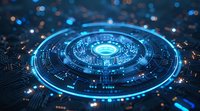 Futuristic digital technology concept with glowing blue circular interface on circuit board background, representing advanced computing systems.
