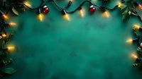 Festive frame with glowing Christmas lights and holly leaves on dark emerald green background. Holiday season border design with copy space.