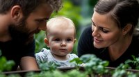 Young Caucasian family with baby outdoors, bearded father and mother looking lovingly at their infant child surrounded by green foliage in natural setting.
