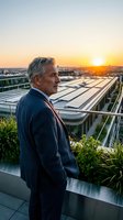 Senior businessman in navy blazer overlooking modern industrial rooftop with solar panels at golden hour sunrise, urban cityscape background, corporate leadership and renewable energy concept.