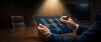 Professional businessman using digital tablet with glowing technology icons in modern office environment for business applications and digital transformation.