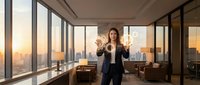 Professional businesswoman presenting in modern office conference room with city skyline view during golden hour sunset lighting for corporate presentations.