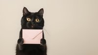 Black cat holding pink envelope in paws against neutral background, looking directly at camera with bright yellow eyes. Humorous pet mail delivery concept.
