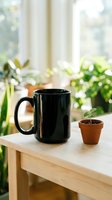 Black coffee mug and small potted plant on wooden table near window with green houseplants in bright natural light for morning routine and home decor.