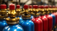 Close up view of blue and red gas cylinders with brass valves arranged in rows, selective focus on metallic fittings creates depth and industrial atmosphere.