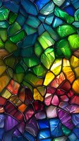 Abstract mosaic pattern with vibrant stained glass segments in rainbow colors from blue and green to yellow, red and purple, creating a dynamic fractured design.