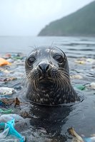 Seal pup surrounded by plastic waste on polluted beach highlighting ocean pollution and environmental crisis affecting marine wildlife conservation.