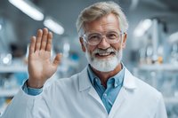Friendly senior male scientist with white beard and glasses waving in modern laboratory, wearing lab coat over blue shirt.