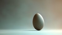 Single pale egg standing upright on smooth reflective surface against soft gradient background, creating minimalist composition with dramatic lighting and shadow.