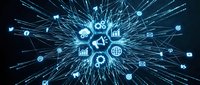 Digital network hub with interconnected technology icons radiating outward on dark blue background, representing global communication, data connectivity, and business integration systems.