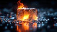 Glowing ice cube with fire flame on dark reflective surface surrounded by water drops, dramatic contrast between hot and cold elements creates mystical atmosphere.