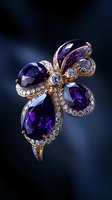 Luxurious gold ring featuring deep purple amethyst stones arranged in butterfly design with brilliant diamond accents against dark background. Elegant jewelry macro photography.