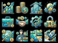 Isolated financial growth icons set with upward arrows, coins, dollar signs, business briefcase, handshake, house, lightbulb, gears, charts, and security lock symbols on transparent background. Ready for t-shirt design, clipart, stickers, and print-on-demand projects.
