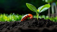 Orange and black striped caterpillar crawling near small green plant seedling emerging from rich dark soil, macro nature photography with shallow depth of field.
