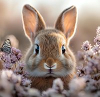 Young rabbit with tan and brown fur surrounded by purple flowering plants and a butterfly, suitable for children's illustrations, greeting cards, and nature-themed designs.
