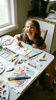 Joyful Caucasian girl laughing while painting with watercolors at a messy table, paint on her face, dog resting nearby.