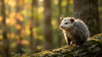 Young opossum sitting on mossy log in autumn forest with golden bokeh background, wildlife photography for nature and animal themed projects.