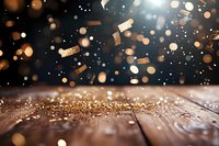 Magical glowing corks floating over rustic wooden table with golden bokeh lights and sparkles creating festive celebration atmosphere for wine events.