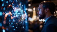 Caucasian businessman in suit looking at glowing digital hologram visualization with blue particles and data points against dark background with bokeh lights.