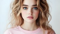 Young Caucasian woman with wavy blonde hair and blue eyes wearing pink top against light background, natural makeup look and soft expression for beauty and fashion content.