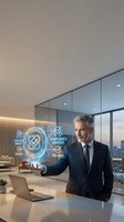 Professional businessman presenting digital compliance certification badges and quality management icons in modern office environment.