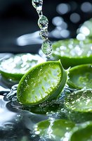 Fresh lime slice with water drops falling in dynamic splash composition against dark background, macro photography with selective focus and bokeh effect.