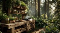 Rustic wooden apothecary table in sunlit forest with glass jars, herbs, and natural remedies surrounded by lush green plants.