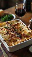 Homemade lasagna with golden cheese crust in white ceramic baking dish, garnished with fresh herbs, served with red wine on rustic wooden table. Dark moody setting.