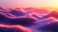 Abstract digital landscape with flowing waves of purple and orange light particles creating magical mountain-like terrain against glowing sunset sky. Futuristic background.