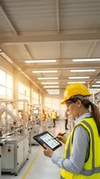 Female factory worker wearing yellow hard hat and high-visibility vest using digital tablet to monitor industrial machinery in bright manufacturing facility with fluorescent lighting.