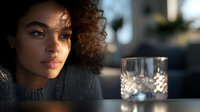 Young African American woman with natural curly hair in gray sweater gazing thoughtfully near window with glowing candle creating cozy atmosphere during evening relaxation.