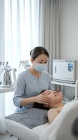 Asian female cosmetologist in medical mask performing facial massage treatment on client in modern spa clinic with professional equipment.