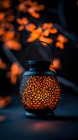 Glowing ornate lantern with intricate pattern casting warm orange light against dark background, with blurred autumn leaves creating magical ambiance.