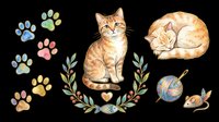Watercolor cat clipart set with tabby cats, colorful paw prints, floral wreath, yarn ball, and mouse, isolated on transparent background, ready for stickers, T-shirts, and print on demand.