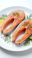 Fresh salmon steaks with dill and lemon on white plate ready for cooking. Raw fish fillets seasoned with herbs and spices for healthy gourmet meal preparation.