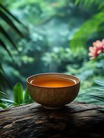 Traditional clay bowl with hot tea on wooden surface against lush tropical greenery background, creating zen atmosphere for wellness and meditation practices.