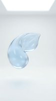 Glossy transparent blue glass leaf and water drop shape floating on white background, eco nature concept for skincare and wellness design.