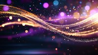 Magical glowing wave with sparkles and bokeh effects on dark purple background, shimmering golden light trail with particles and lens flares creates dreamy atmosphere.