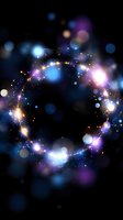 Cosmic circular frame with glowing stars and colorful bokeh lights on dark background for space-themed designs and celestial projects.